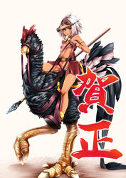  2017 absurdres armlet black_panties blush bracelet chinese_zodiac dark_skin female flat_chest highres holding holding_weapon jewelry keigen_hichou looking_at_viewer mask mask_on_head nengajou new_year open_mouth orange_eyes original panties polearm revealing_clothes riding riding_animal saddle short_hair spear spiked_hair tsurime underwear weapon white_hair year_of_the_rooster 