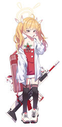  absurdres ahoge alternate_costume assault_rifle battle_rifle black_thighhighs blonde_hair blue_archive blush brown_eyes christmas closed_mouth collared_shirt dress female flat_chest fn_scar fn_scar_17 full_body gun hair_ribbon halo highres korean_commentary long_sleeves looking_at_viewer medium_hair mnnnya off_shoulder pink_bag red_dress ribbon rifle shirt shoes simple_background sneakers solo strapless strapless_dress sweat thighhighs tube_dress twintails weapon white_background white_footwear white_ribbon white_shirt yoshimi_(blue_archive) zettai_ryouiki 