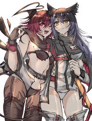  2girls animal_ear_fluff animal_ears arknights black_hair bra cosplay exusiai_(arknights) fangs fingerless_gloves gloves hair_between_eyes halo highres jacket long_hair long_sleeves looking_at_viewer mirui multiple_girls panties red_hair short_hair simple_background tail texas_(arknights) thighs underwear white_background white_jacket wolf_ears 