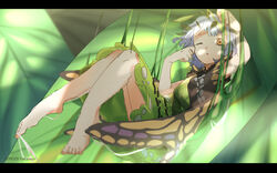  antennae aqua_hair artist_name barefoot butterfly_wings dated dress eternity_larva fairy female green_dress insect_wings leaf leaf_on_head letterboxed multicolored_clothes multicolored_dress one_eye_closed open_mouth orange_eyes parted_lips short_hair solo touhou wings yuikannon 