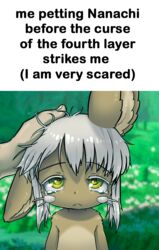  1other :&lt; androgynous bune_poster closed_mouth commentary english_commentary english_text furry green_eyes headpat horizontal_pupils in-universe_location looking_at_viewer made_in_abyss me_petting_my_cat_(meme) medium_hair meme nanachi_(made_in_abyss) pov tearing_up upper_body whiskers white_hair 