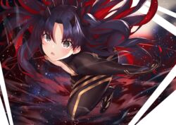  :o black_bodysuit black_bow black_eyes black_gloves black_hair blush bodysuit bow cleavage_cutout clothing_cutout commentary_request fate/grand_order fate_(series) female flat_chest from_above full_body gloves hairbow highres horns ishtar_(fate) long_hair looking_at_viewer looking_up multicolored_hair open_mouth parted_bangs red_hair reuri_(tjux4555) solo space space_ishtar_(fate) space_ishtar_(first_ascension)_(fate) two-tone_hair two_side_up v_arms very_long_hair 