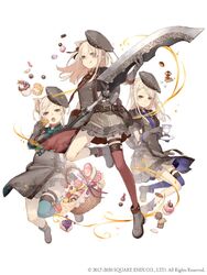  3girls animal_ears apron basket belt belt_pouch blonde_hair blue_little_pig_(sinoalice) cake candy chocolate company_name copyright_notice cupcake doughnut eyes_visible_through_hair food frills full_body gloves green_little_pig_(sinoalice) grey_gloves hat holding holding_sword holding_weapon ji_no licking_lips lollipop long_hair looking_at_viewer macaron multiple_girls official_art pig_ears plump pouch purple_eyes red_little_pig_(sinoalice) siblings single_thighhigh sinoalice sisters skinny smile sword thighhighs tongue tongue_out weapon white_background 