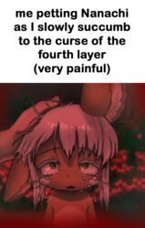  1other androgynous bune_poster commentary crying crying_with_eyes_open english_commentary english_text furry green_eyes headpat horizontal_pupils in-universe_location looking_at_viewer made_in_abyss me_petting_my_cat_(meme) medium_hair meme nanachi_(made_in_abyss) pov streaming_tears tears triangle_mouth upper_body whiskers white_hair 