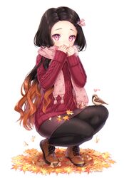  alternate_costume animal animal_on_leg aran_sweater artist_name asa_no_ha_(pattern) autumn_leaves bird bird_on_leg black_hair black_pantyhose blush breath brown_footwear brown_hair brown_skirt cable_knit casual chuntarou_(kimetsu_no_yaiba) commentary contemporary covered_mouth enpera female fine_fabric_emphasis forehead full_body ginkgo_leaf gradient_hair hair_ribbon hands_up heart highres kamado_nezuko kimetsu_no_yaiba leaf long_hair long_sleeves maple_leaf miniskirt multicolored_hair nami_(nyaa) pantyhose parted_bangs pencil_skirt pink_eyes pink_ribbon pink_scarf red_sweater ribbon scarf shoes skirt sleeves_past_wrists solo sparrow squatting sweater very_long_hair white_background 