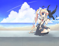  air_(visual_novel) animal_on_arm bad_id bad_pixiv_id beach bird bird_on_arm blonde_hair blue_eyes cloud crow day feathers female hair_ribbon kamio_misuzu long_hair nekono_osero ocean outdoors ponytail ribbon school_uniform sky solo sora_(air) very_long_hair water 