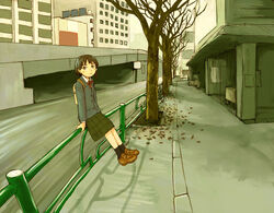  autumn bare_tree blazer brown_eyes brown_hair building city commentary female hair_ornament hairclip iwakura_lain jacket looking_at_viewer naotan outdoors plaid plaid_skirt railing road school_uniform serial_experiments_lain short_hair sitting skirt smile solo street traffic_barrier tree 