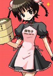  apron bad_id bad_pixiv_id bamboo_steamer baozi black_eyes black_hair blush_stickers braid bun_cover chao_lingshen china_dress chinese_clothes closed_mouth double_bun dress female food hair_bun jaggy_lines kiiro lowres mahou_sensei_negima! no_nose oekaki puffy_short_sleeves puffy_sleeves short_sleeves smile solo sparkle twin_braids 