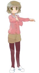  asasow brown_hair brown_shorts cardigan female full_body hair_ornament hidamari_sketch pantyhose pantyhose_under_shorts pink_pantyhose short_hair shorts solo stretching x_hair_ornament yuno_(hidamari_sketch) 