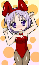  animal_ears bare_shoulders bow bowtie brown_pantyhose commentary_request detached_collar fake_animal_ears female gakusenya hiiragi_tsukasa leotard lucky_star pantyhose playboy_bunny purple_eyes purple_hair rabbit_ears red_bow red_bowtie red_leotard short_hair solo strapless strapless_leotard 