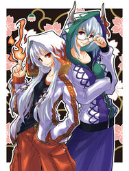  2girls alternate_costume bespectacled casual commentary_request contemporary ex-keine fire fujiwara_no_mokou glasses green_hair grey_hair hair_ribbon highres hood hooded_jacket horns jacket kamishirasawa_keine long_hair multiple_girls red_eyes ribbon tobi_(pixiv36250) touhou white_hair 