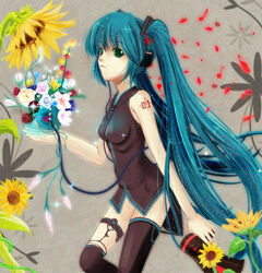  aqua_hair commentary_request female flower green_eyes hatsune_miku kazumasa long_hair megaphone photoshop_(medium) solo sunflower thighhighs twintails very_long_hair vocaloid 