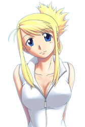  blonde_hair blue_eyes breasts cleavage female fullmetal_alchemist fumotono_mikoto large_breasts solo winry_rockbell zipper 