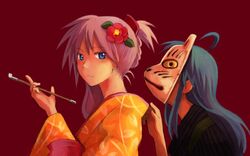  2girls ahoge alternate_hairstyle blue_eyes blue_hair camellia commentary_request flower fox_mask hair_up hiiragi_kagami izumi_konata japanese_clothes kiseru kusaka_yoru long_hair lucky_star mask multiple_girls photoshop_(medium) purple_hair simple_background smoking_pipe tsurime 