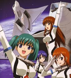  4girls :d blue_eyes blush bodysuit brown_hair doi_shizuha green_hair honjou_mikaze kikuhara_karin looking_at_viewer multiple_girls nakamura_ayamo open_mouth orange_hair outdoors salute smile space stratos_4 twintails uniform white_bodysuit yamauchi_noriyasu 