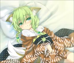  animal_ears braid cat_ears commentary_request female fox_ears fox_tail green_eyes green_hair hair_over_shoulder japanese_clothes kimono lying original pillow saitou_kon shingetsu_takehito solo tail twin_braids 