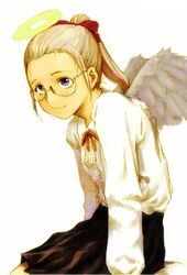  abe_yoshitoshi angel female glasses haibane_renmei halo highres hikari_(haibane) imageboard_desourced non-web_source purple_eyes skirt solo wings 