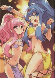  2girls arabian_clothes ass bikini breasts dancer flat_chest green_eyes harem_outfit highres large_breasts loincloth long_hair long_legs louise_francoise_le_blanc_de_la_valliere multiple_girls oerba_yun_fang official_art one_eye_closed pink_eyes pink_hair scan swimsuit sylpheed usatsuka_eiji zero_no_tsukaima 