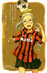  abe_yoshitoshi ac_milan angel ball clothes_writing feathers female glasses haibane_renmei halo hikari_(haibane) playing_sports purple_eyes serie_a skirt soccer soccer_ball solo telstar traditional_halo translated wings 