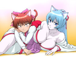  2girls animal_ears aoi_(gegege_no_kitarou) blue_eyes blue_hair bow breasts brown_hair cat_ears cat_tail cleavage commentary_request gegege_no_kitarou hairbow huge_breasts japanese_clothes kimono long_hair multiple_girls nekomusume nekomusume_(gegege_no_kitarou_5) pale_skin pink_bow short_hair tail ueyama_michirou 