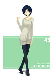  atropos_(five_star_stories) blue_eyes blue_hair blue_pantyhose character_name commentary_request crossed_legs english_text fatima_(five_star_stories) female five_star_stories hand_up looking_to_the_side otakeyan pantyhose photoshop_(medium) short_hair simple_background solo standing sweater watson_cross 