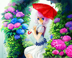  blue_eyes copyright_request female flower hydrangea maguchimo pink_hair short_hair solo umbrella 