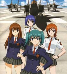  4girls aircraft airplane doi_shizuha fighter_jet honjou_mikaze jet kikuhara_karin meteor_sweepers_uniform mig-31 military military_vehicle multiple_girls nakamura_ayamo stratos_4 uniform yamauchi_noriyasu 