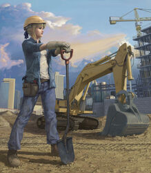  alternate_costume artoria_pendragon_(fate) blonde_hair boots caterpillar_tracks cityscape closed_mouth cloud commentary construction construction_site construction_worker crane_(machine) english_commentary engrish_commentary evokid excavator fate/stay_night fate_(series) female ground_vehicle hammer hard_hat helmet highres machinery motor_vehicle outdoors parody photoshop_(medium) pun realistic saber_(fate) shovel sky sleeves_rolled_up solo work_boots 