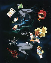  1990s_(style) 1boy 2girls artist_request beard blonde_hair cabbit closed_eyes facial_hair green_hair gun headband highres kuramitsu_mihoshi long_hair makibi_kiyone multiple_girls retro_artstyle ryou-ouki scan scan_artifacts space spacecraft tears tenchi_muyou! tenchi_muyou!_uchuu_hen weapon 