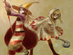  2girls bad_id bad_pixiv_id black_mage_(fft) black_mage_(final_fantasy) blonde_hair boots braid final_fantasy final_fantasy_tactics hood kno_(anahita) multiple_girls red_eyes robe staff thigh_boots thighhighs twintails white_mage_(fft) white_mage_(final_fantasy) 