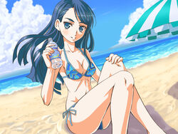  beach bikini blue_bikini blue_eyes blue_hair bottle breasts cleavage commentary_request day eyelashes female long_hair md5_mismatch medium_breasts minazuki_karen nishiwaki outdoors precure resolution_mismatch side-tie_bikini_bottom sitting smile solo source_smaller swimsuit umbrella water_bottle yes!_precure_5 