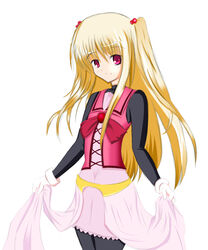  blonde_hair commentary_request dress female highres iris_zeppelin kiora pantyhose photoshop_(medium) pink_dress red_eyes rosenkreuzstilette solo two_side_up waist_cape 