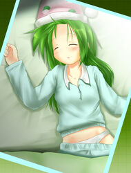  animal_print blush closed_eyes commentary_request female frog_print green_hair hat hiiragi_mitsuna kochiya_sanae long_hair lying nightcap pajamas panties sleeping solo touhou underwear 