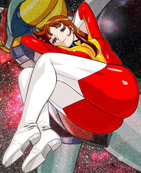  ass blue_eyes bodysuit boots brown_hair commentary_request female grendizer huge_ass lipstick long_hair makeup maria_grace_fleed mazinger_(series) mecha multicolored_bodysuit multicolored_clothes photoshop_(medium) pilot_suit red_bodysuit robot shiny_clothes skin_tight smile tamaki_nozomu thigh_boots thighhighs ufo_robo_grendizer yellow_bodysuit 