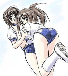  2girls ass brown_eyes brown_hair buruma futakoi gym_uniform ichijou_kaoruko ichijou_sumireko lowres masakichi_(crossroad) multiple_girls ponytail sketch socks 