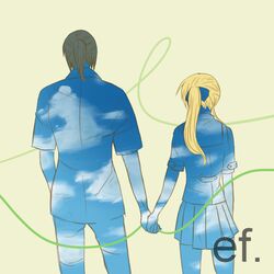  1boy blonde_hair blue_sky cloud commentary_request couple double_exposure ef_(visual_novel) female from_behind hayama_mizuki holding holding_hands kuze_shuuichi long_sleeves pleated_skirt ponytail sailor_collar school_uniform serafuku skirt sky standing straight zassou_(ukjpn) 