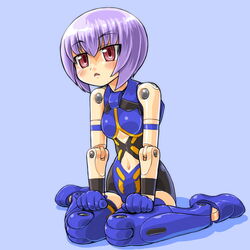  bad_id bad_pixiv_id bare_shoulders blush busou_shinki dd_(ijigendd) doll_joints espadia female joints kneeling purple_hair red_eyes short_hair solo triangle_mouth 