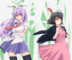  2girls aged_up animal_ears bad_id bad_pixiv_id brown_hair dress frills inaba_tewi light_purple_hair long_hair multiple_girls necktie photoshop_(medium) rabbit_ears red_eyes red_necktie reisen_udongein_inaba school_uniform shiina_maru short_hair skirt thighhighs touhou wind 