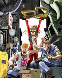  +_+ 2boys 2girls angry boots box brown_hair cardboard_box character_request cigarette commentary_request dorasu glasses gloves green_hair holding holding_box kusanagi_glen mecha multiple_boys multiple_girls no_smoking original pixiv_robot_wars ponytail robot smile smoking tattoo 