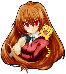  aisaka_taiga blush brown_hair commentary_request female long_hair makishima_rin oohashi_high_school_uniform photoshop_(medium) red_eyes school_uniform shinai solo sword tiger toradora! weapon 