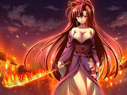  aona_masao bare_shoulders breasts cleavage engage_links female fire game_cg holding imageboard_desourced japanese_clothes katana kimono large_breasts long_hair nimura_yuuji no_bra non-web_source off_shoulder ponytail red_eyes red_hair shizuha_(engage_links) smile solo sword weapon 