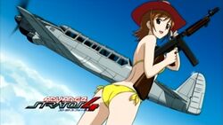  aircraft airplane anime_screenshot ass bikini c6n_saiun cowboy_hat cowboy_western day female gun hat nakamura_ayamo side-tie_bikini_bottom solo stratos_4 submachine_gun swimsuit thompson_submachine_gun vehicle_focus weapon 