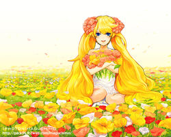  blonde_hair blue_eyes copyright_request female flower hair_flower hair_ornament long_hair maguchimo sitting solo twintails very_long_hair 