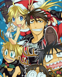  4boys antlers black_hair blonde_hair blue_eyes christmas cleo_everlastin dortin female hat headband horns kittaka_kaname koma_(pixiv340561) leki lowres majic_lin majutsushi_orphen multiple_boys open_mouth orphen santa_costume santa_hat volkan 