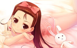  bed_sheet brown_eyes brown_hair chinchickrin female idolmaster idolmaster_(classic) idolmaster_1 long_hair lying minase_iori on_stomach panties photoshop_(medium) rabbit solo stuffed_animal stuffed_rabbit stuffed_toy underwear usa-chan_(idolmaster) 