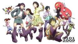  6+boys 6+girls :o aiko_(dennou_coil) amasawa_yuuko baariya belt black_hair brown_hair buckle commentary_request dennou_coil denpa_(dennou_coil) everyone gachagiri_(dennou_coil) harakawa_ken&#039;ichi harakawa_tamako hashimoto_akira hashimoto_fumie looking_at_viewer multiple_boys multiple_girls namecchi_(dennou_coil) okonogi_kyouko okonogi_yuuko parted_lips ponytail raglan_sleeves sawaguchi_daichi short_hair simple_background standing white_background 