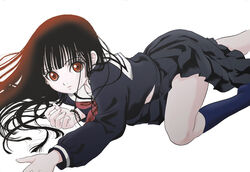  black_hair black_serafuku black_skirt blue_legwear blunt_bangs bracelet commentary_request enma_ai female hime_cut jewelry jigoku_shoujo kneehighs long_hair official_art pleated_skirt red_eyes school_uniform serafuku skirt socks solo yoiyoi 