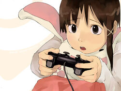  animal_costume animal_ears brown_hair commentary controller female game_console game_controller gamepad hair_ornament hairclip iwakura_lain playing_games playstation_controller rabbit_ears serial_experiments_lain solo video_game yukihiroyuki 