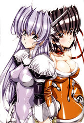  2girls armor back-to-back bare_shoulders black_hair blush bodysuit breasts bursting_breasts choker cleavage covered_navel detached_sleeves dress eliza_mayfield faulds frayne_(growlanser) gauntlets green_eyes growlanser growlanser_iv hairpods headgear impossible_bodysuit impossible_clothes juliet_sleeves large_breasts light_purple_hair light_smile long_hair long_sleeves looking_at_viewer multiple_girls official_art orange_dress orange_eyes photoshop_(medium) puffy_sleeves ribbon scan scarf shiny_clothes short_dress short_hair simple_background skin_tight skirt smile strapless strapless_dress urushihara_satoshi very_long_hair white_background 