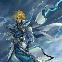  1boy blonde_hair blue_eyes commentary_request gloves guilty_gear jeacn ky_kiske lightning male_focus photoshop_(medium) solo tabard 